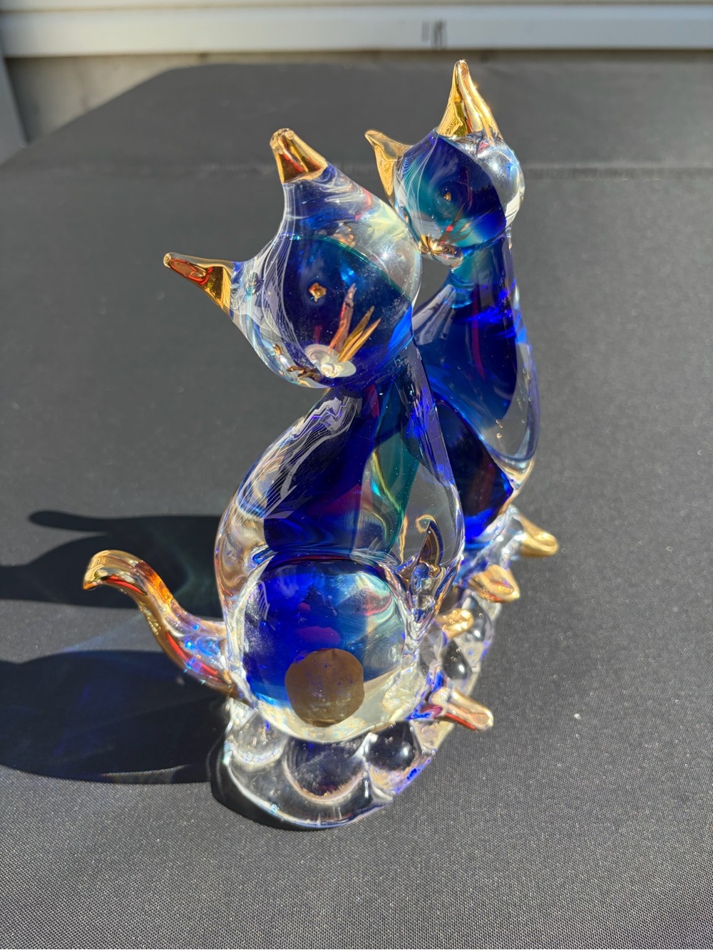 Handblown Blue Glass Cat Figurine with Gold Accents - Decorative Pet Sculpture